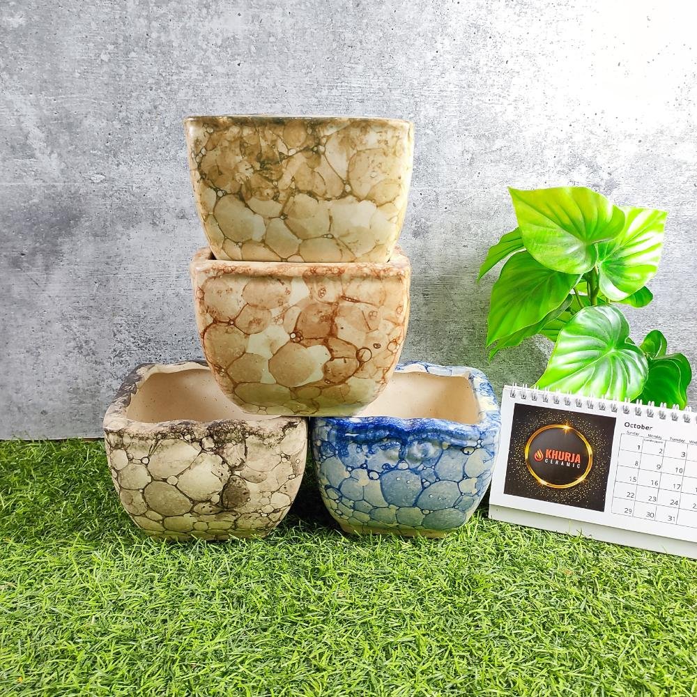 Transfer Glaze Square Khurja Ceramic Bonsai Pots - KC3039