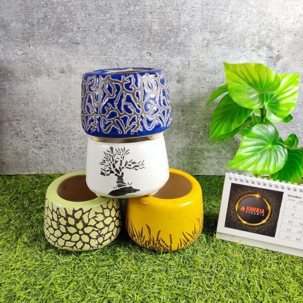 Multi Design Khurja Pottery Round Ceramic Bonsai Pots-kc3072