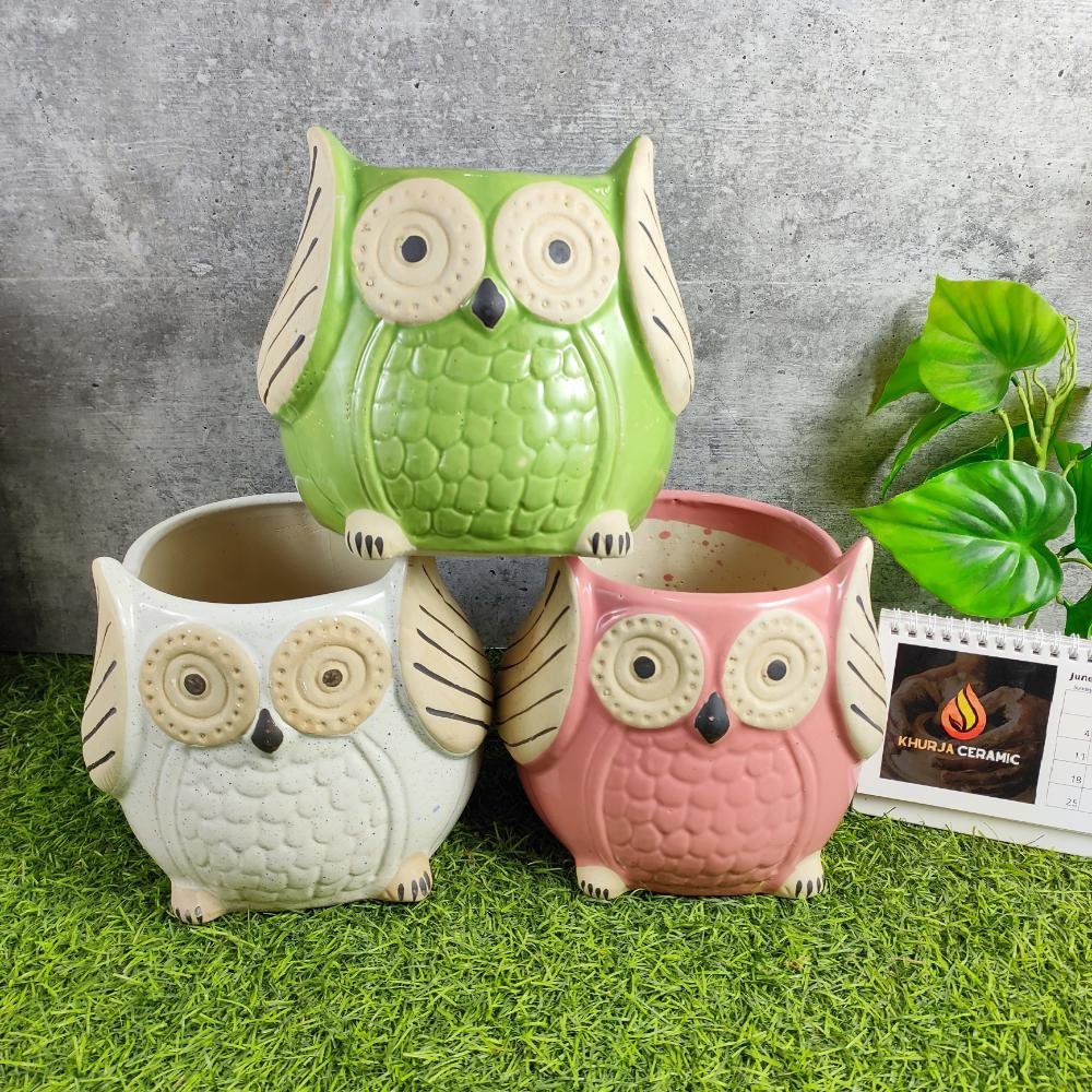 Owl Shape Khurja Ceramic Indoor Planter Pots - KC3172
