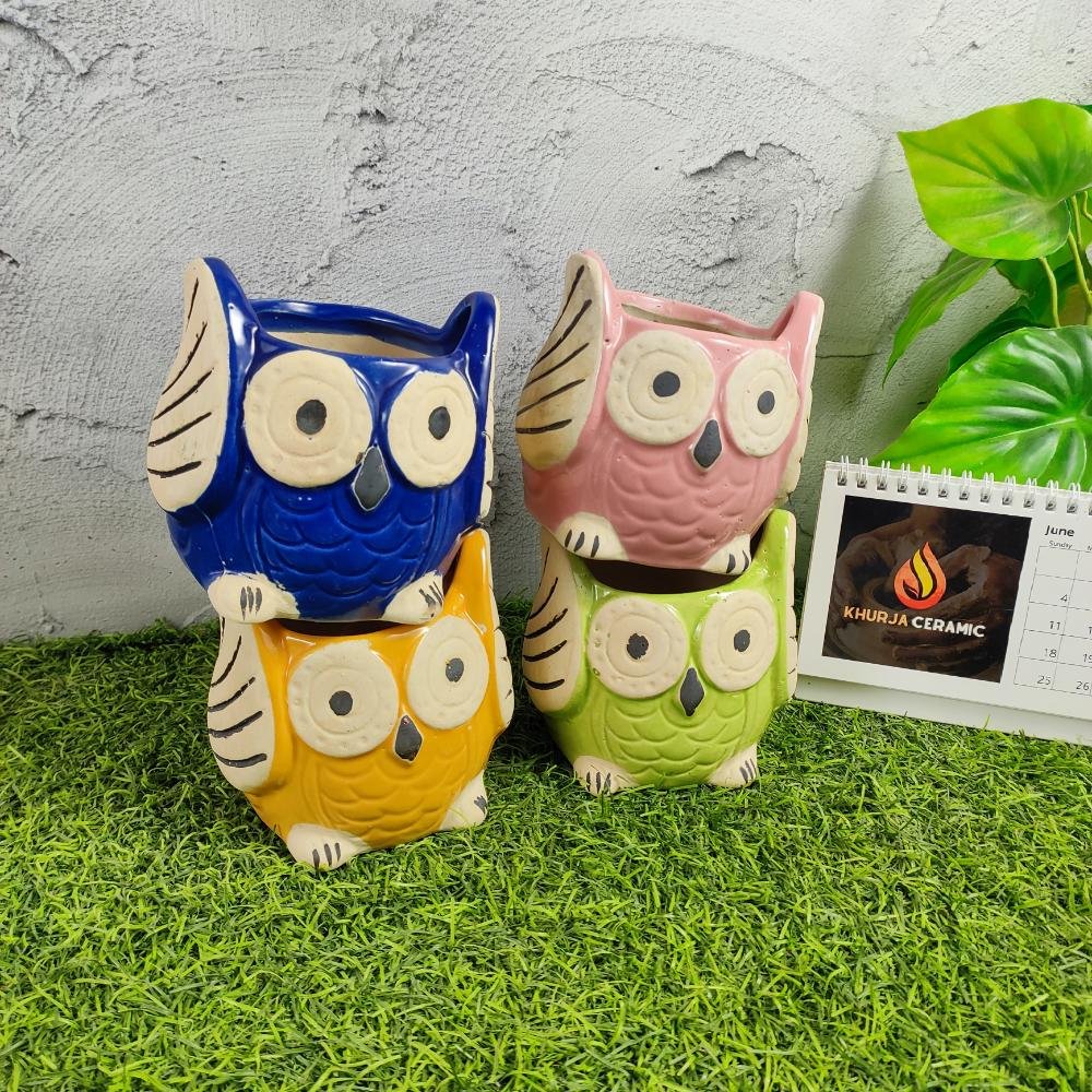 Owl Shape Khurja Pottery Indoor Ceramic Pots - KC3212
