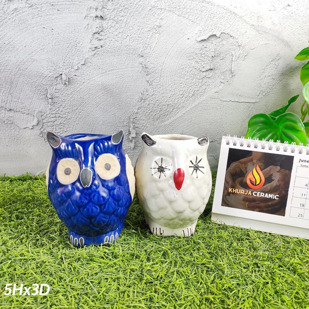 Owl Shape Khurja Pottery Indoor Planter Pots - KC3223