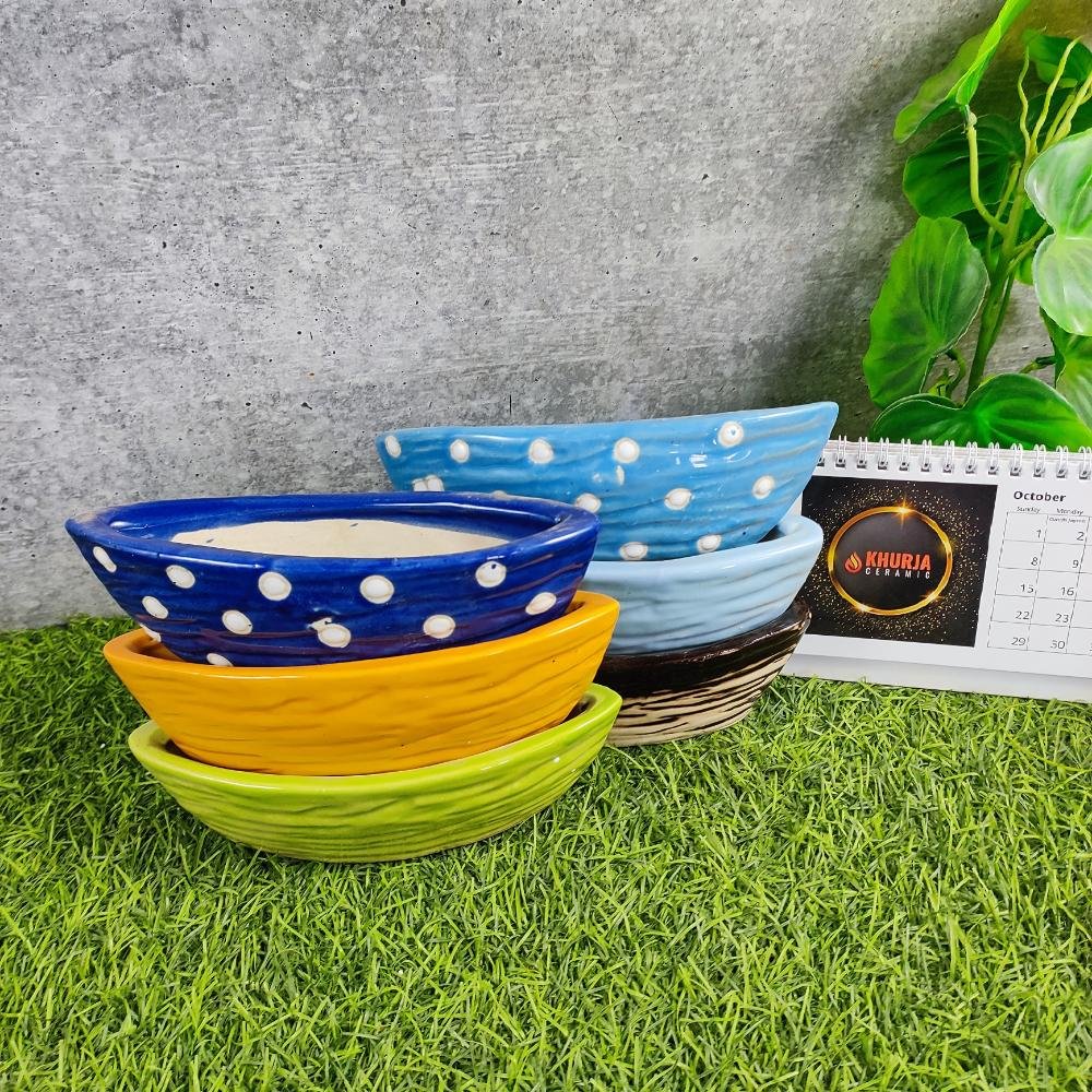 Multicolor Khurja Pottery Indoor Ceramic Bonsai Pots - KC3259
