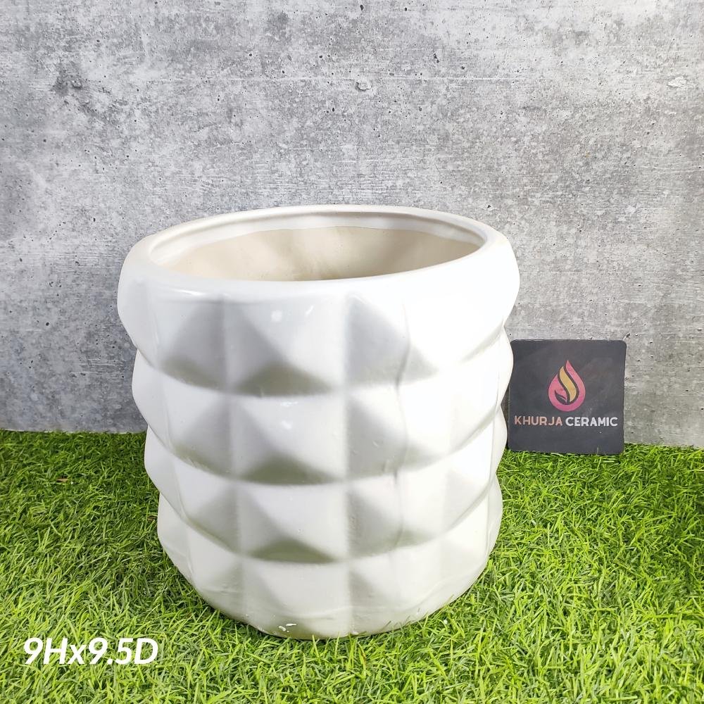White Diamond Cut Khurja Ceramic Outdoor Pots - KC3328