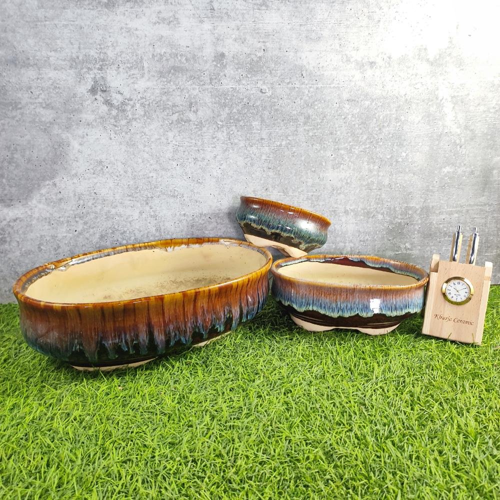Flue Glaze Outdoor Ceramic Bonsai Pot 3pc Set - KC3330