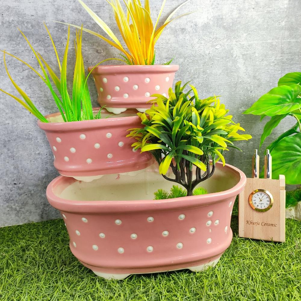Multicolor Dotted Khurja Ceramic Bonsai Pot 3pc Set - KC3340