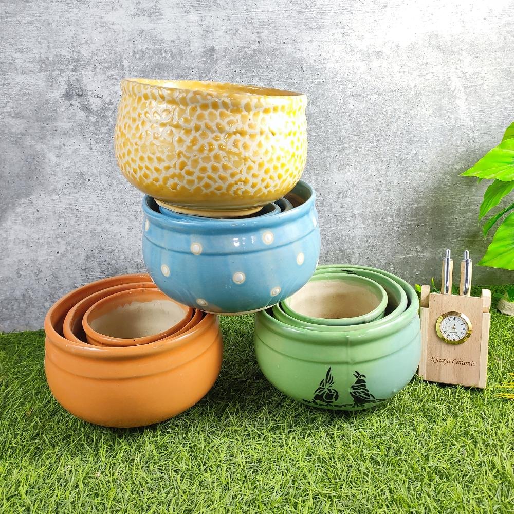 Khurja Pottery Ceramic Bonsai Planter Pots 3pc Set - KC3355