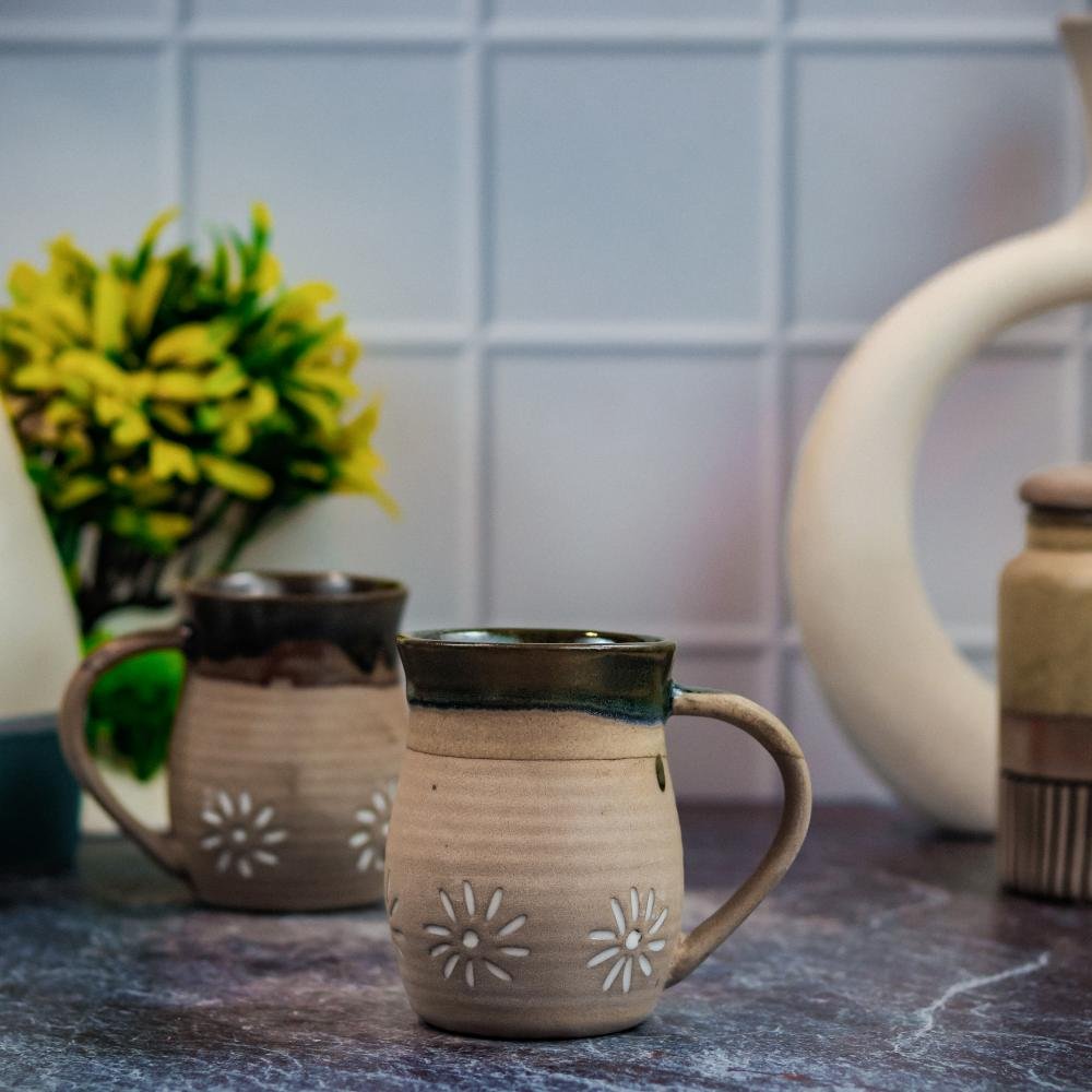 Graceful Leaf Design Khurja Pottery Ceramic Mug - DP1089