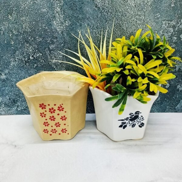Hexa Shape Multicolor Khurja Ceramic Indoor Pots - KC8136