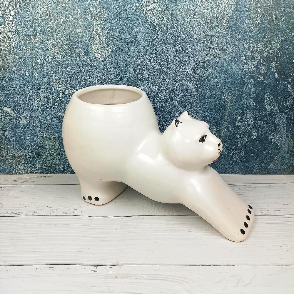 Khurja Pottery Cat Shape Ceramic Planters Pot-DRH1040