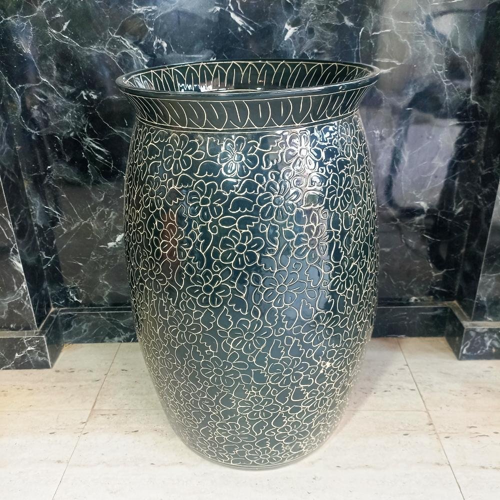 Khurja Pottery Handpainted Large Round Ceramic Pots - DRH1125