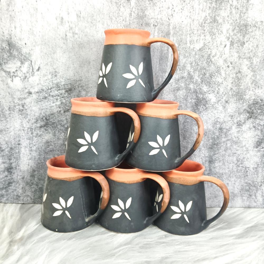 Khurja Pottery Leaf Pattern Handmade Ceramic Mugs-DP4375