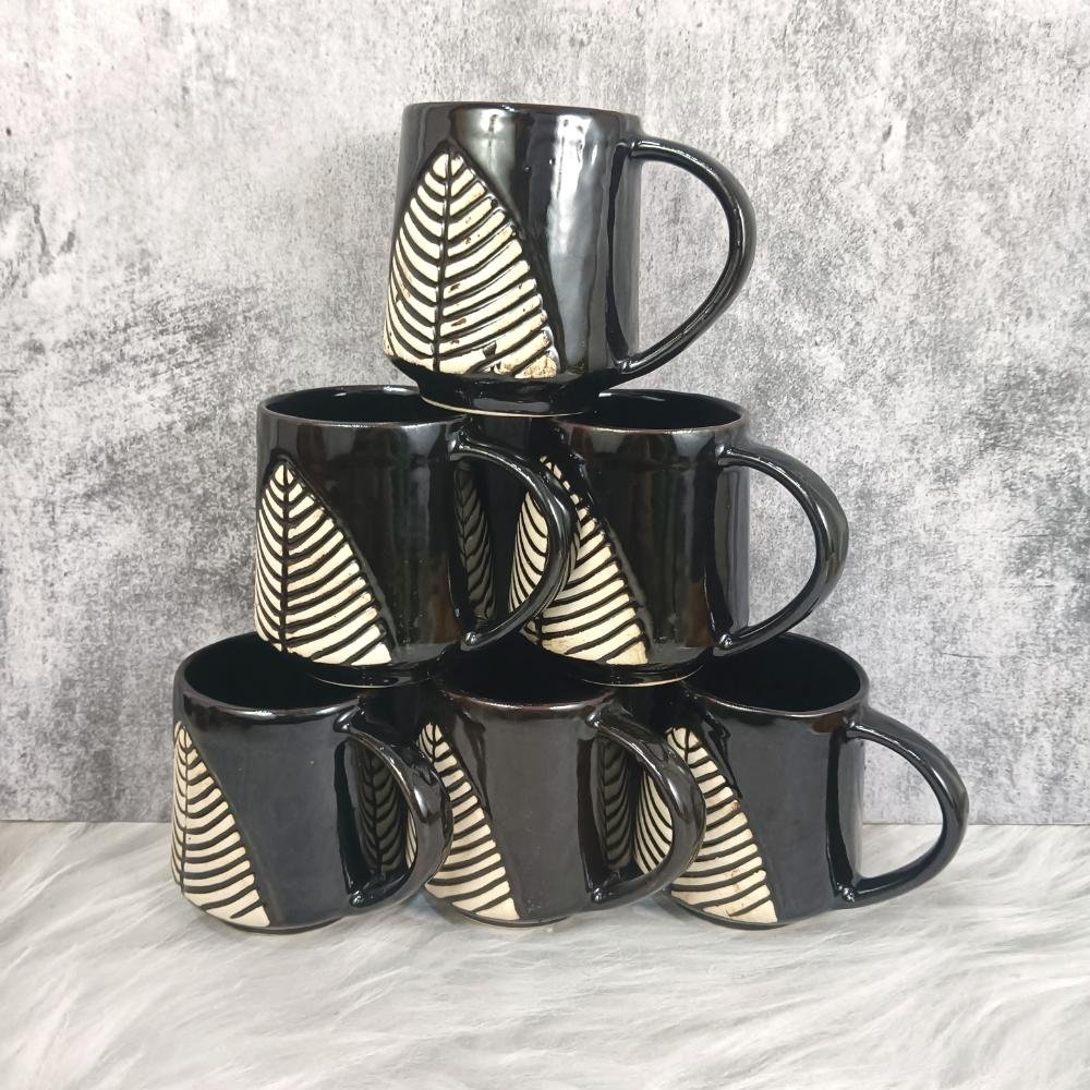 DPAARA Black Leaf Design Ceramic Cups - DP4388