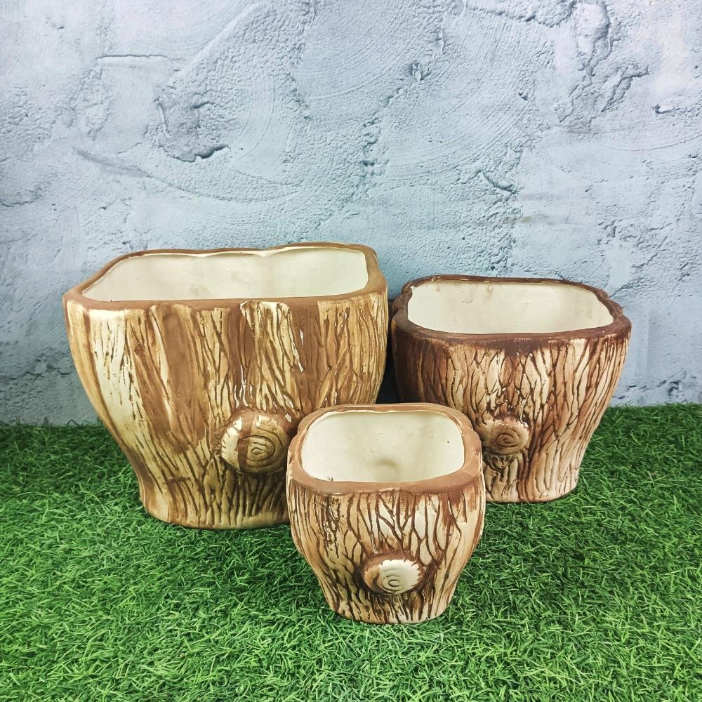 DPAARA Wooden Shape Ceramic Pot Set of 3pc - SK3515