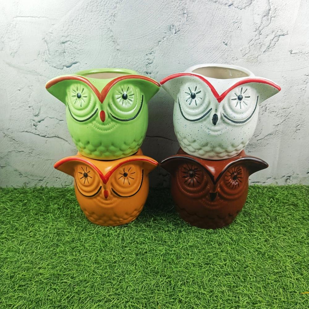 Khurja Pottery Ceramic Owl Shape Ceramic Pots - SK3539