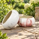 White Pink Marbled Round Ceramic Pot Pair - Image 2