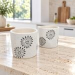 Small Black White Floral Cylinder Ceramic Pot