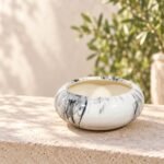 Medium White Blue Marbled Lidded Ceramic Pot