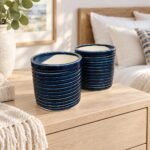 Medium Navy Ribbed Cylinder Ceramic Pot - Image 2