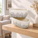 Medium Wide White Black Brushstroke Ceramic Planter