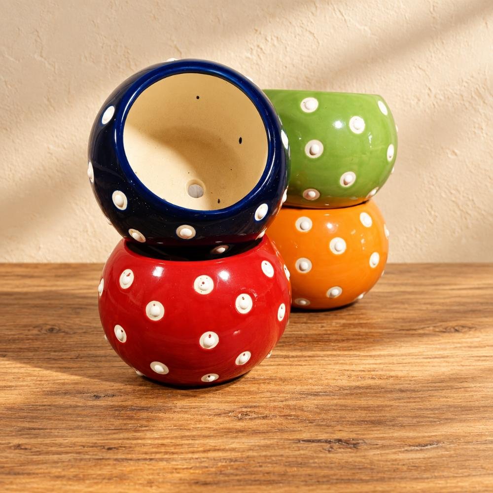 aap-045-medium-orange-white-polka-dot-ceramic-pot-ai-lifestyle-01 Medium Orange White Polka Dot Ceramic Pot - Image 1