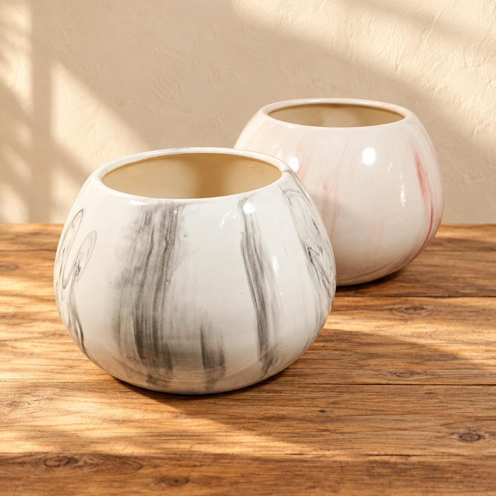 aap-063-medium-white-blush-marbled-round-ceramic-pot-ai-lifestyle-01 Medium White Blush Marbled Round Ceramic Pot - Image 1