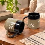 Black Cream Floral Ceramic Mug Set