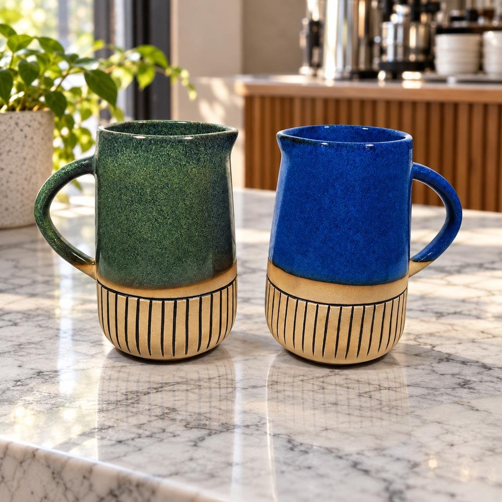 blue-tan-striped-ceramic-mug-01-tcc-089 Blue Tan Striped Ceramic Mug - Image 1