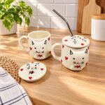 Cat Print Straw Ceramic Cup With Lid