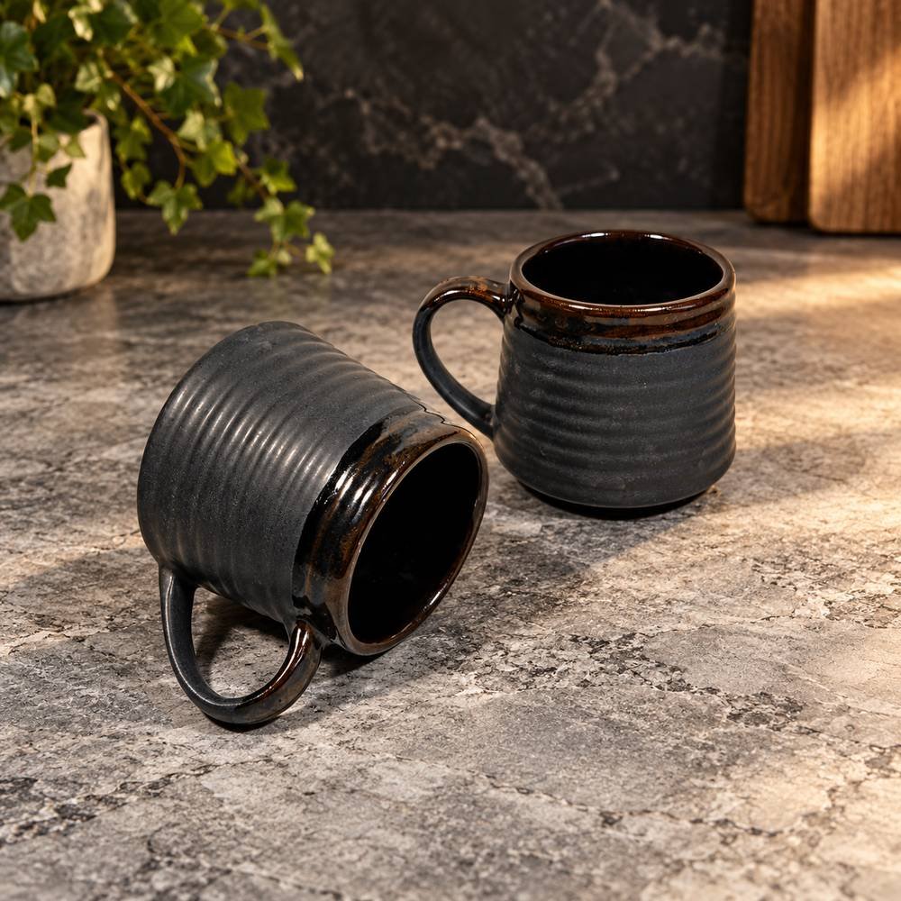 charcoal-brown-ribbed-ceramic-mug-01-tcc-048 Charcoal Brown Ribbed Ceramic Mug - Image 1