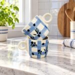Cream Blue Leaf Footed Ceramic Cup