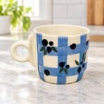 Cream Blue Leaf Footed Ceramic Cup - Image 2