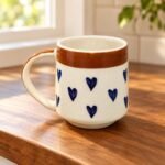 Cream Green Rim Blue Heart Ceramic Mug
