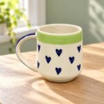 Cream Green Rim Blue Heart Ceramic Mug - Image 2