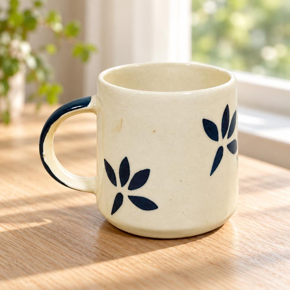 cream-navy-leaf-ceramic-mug-01-tcc-097 Cream Navy Leaf Ceramic Mug - Image 1
