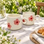 Cream Pink Flower Ceramic Mug Set