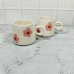 Cream Pink Flower Ceramic Mug Set - Image 2