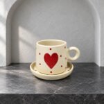 Cream Red Heart Mug And Saucer - Image 2