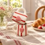 Cream Red Stripe Heart Ceramic Mug