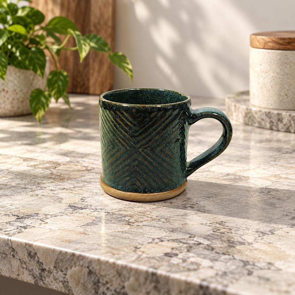 dark-green-ridged-ceramic-mug-01-tcc-159 Dark Green Ridged Ceramic Mug - Image 1