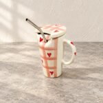 Lime Print Straw Ceramic Mug With Lid
