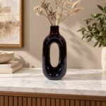 Black White Short Oval Loop Ceramic Vase