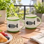 White Fish Skeleton Green Rim Ceramic Mug