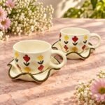 White Floral Ceramic Cup Saucer Set - Image 2