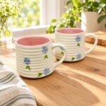 White Pink Rim Blue Flower Ceramic Mug