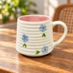 White Pink Rim Blue Flower Ceramic Mug - Image 2