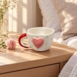 White Raised Pink Heart Ceramic Cup