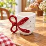 White Red Bow Handle Ceramic Mug