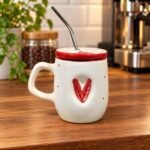 White Red Lid Straw Ceramic Mug - Image 2